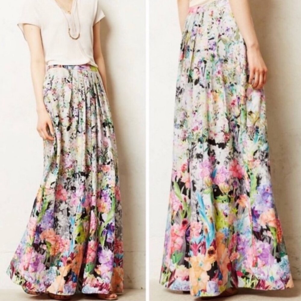Ranna Gill X Anthropologie  Women's Firefleur Maxi Skirt Watercolor Flower Print